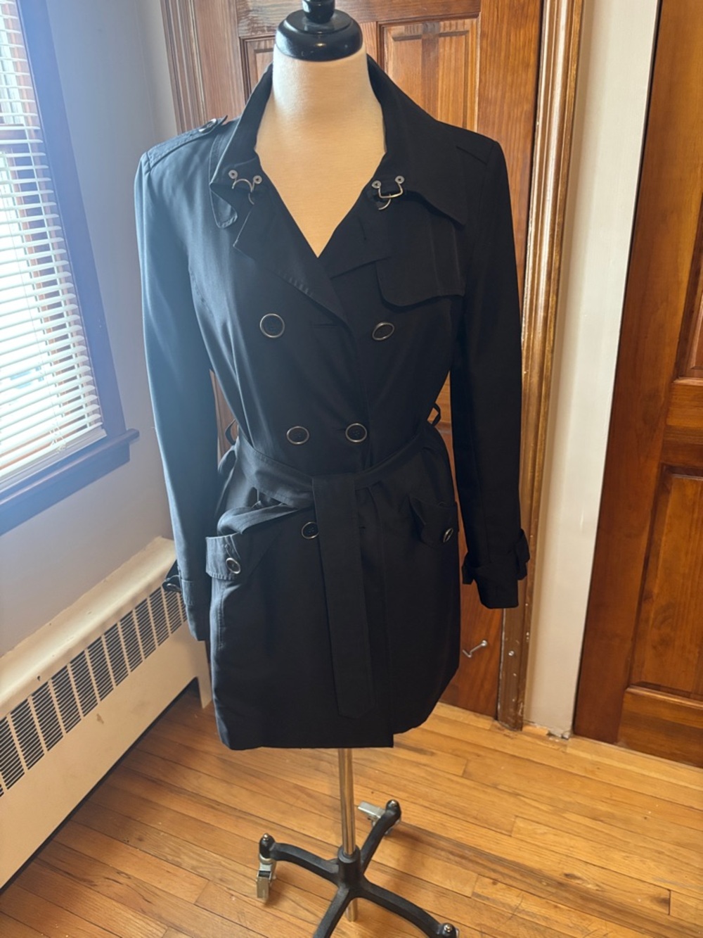 Anne Klein Black Double-Breasted Trench Coat with Belt